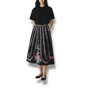 Vintage deep navy blue and floral A-Line midi skirt